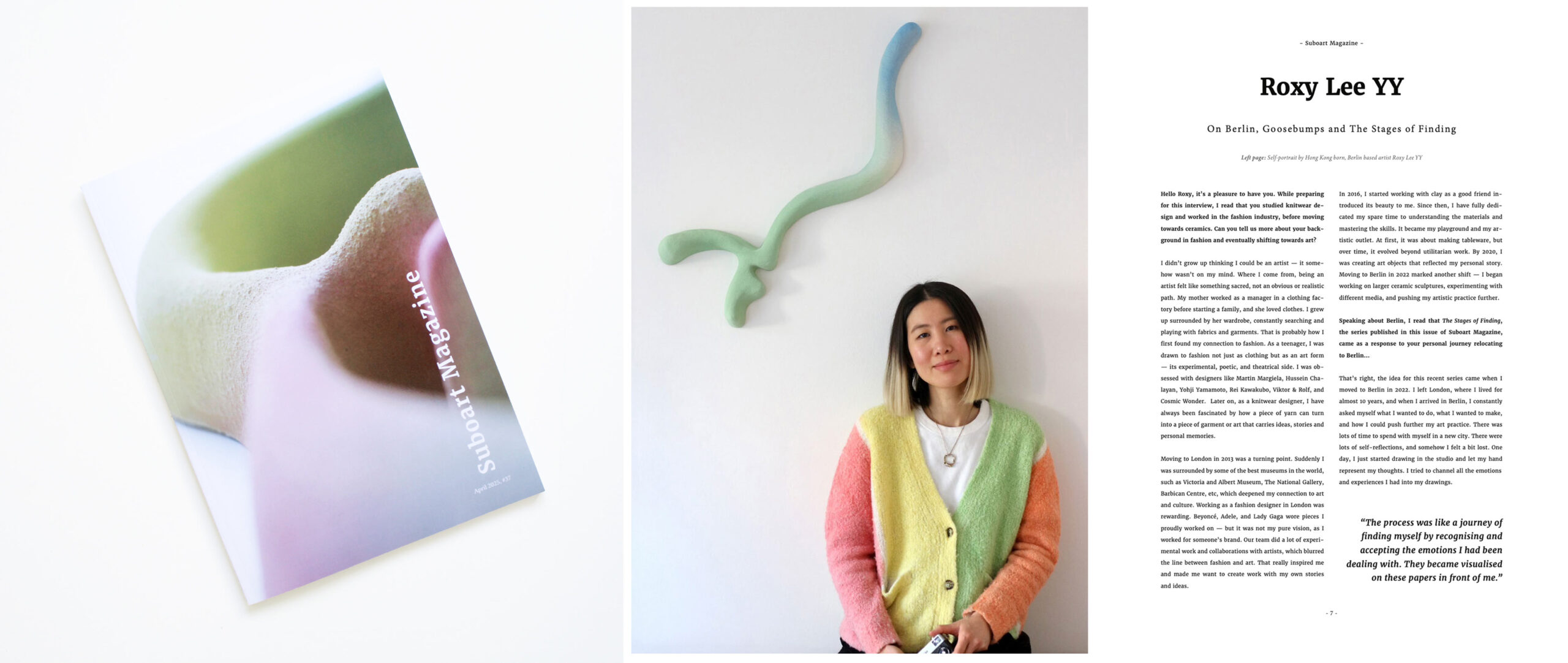 Three-part image featuring: a magazine with a soft-focus ceramic sculpture on the cover titled 